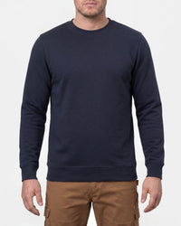 STRAUSS cotton-poly crew neck sweatshirt in nero blue, worn by model, front view