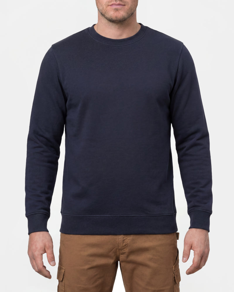 STRAUSS cotton-poly crew neck sweatshirt in nero blue, worn by model, front view