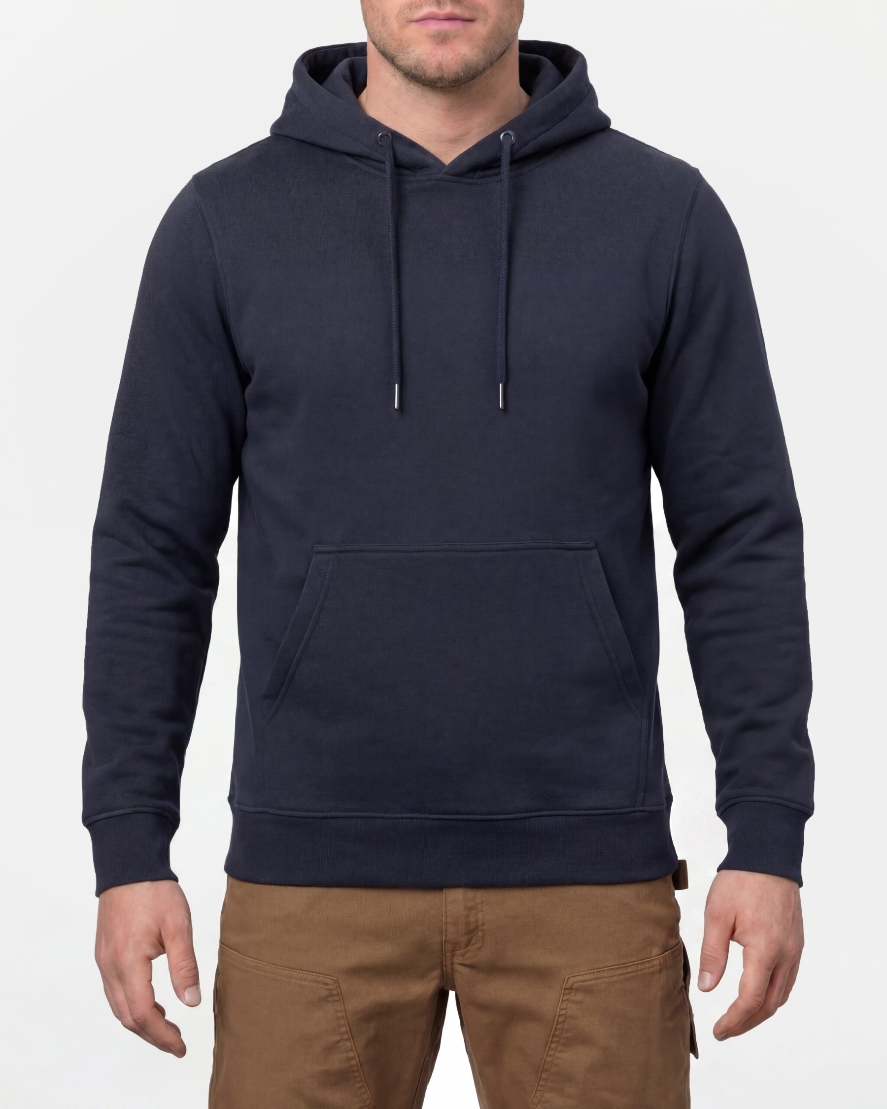 STRAUSS cotton-poly hoodie in nero blue, worn by model, front view