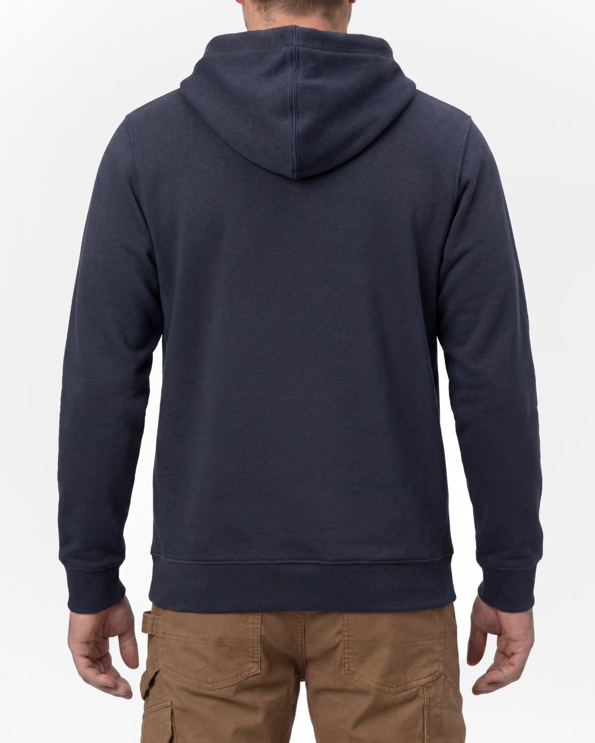 STRAUSS cotton-poly hoodie in nero blue, worn by model, back view