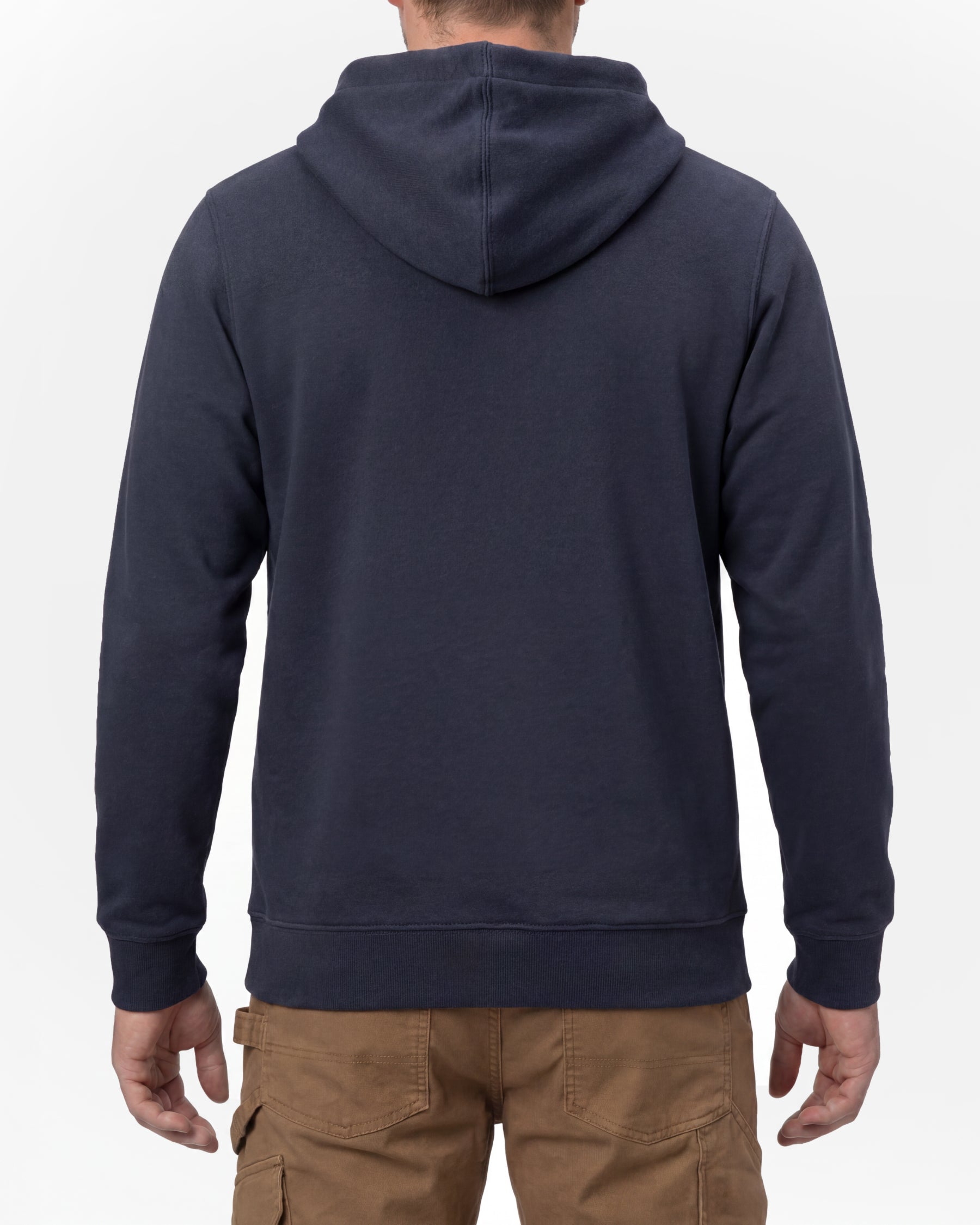 STRAUSS cotton-poly hoodie in nero blue, worn by model, back view
