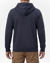 STRAUSS cotton-poly hoodie in nero blue, worn by model, back view