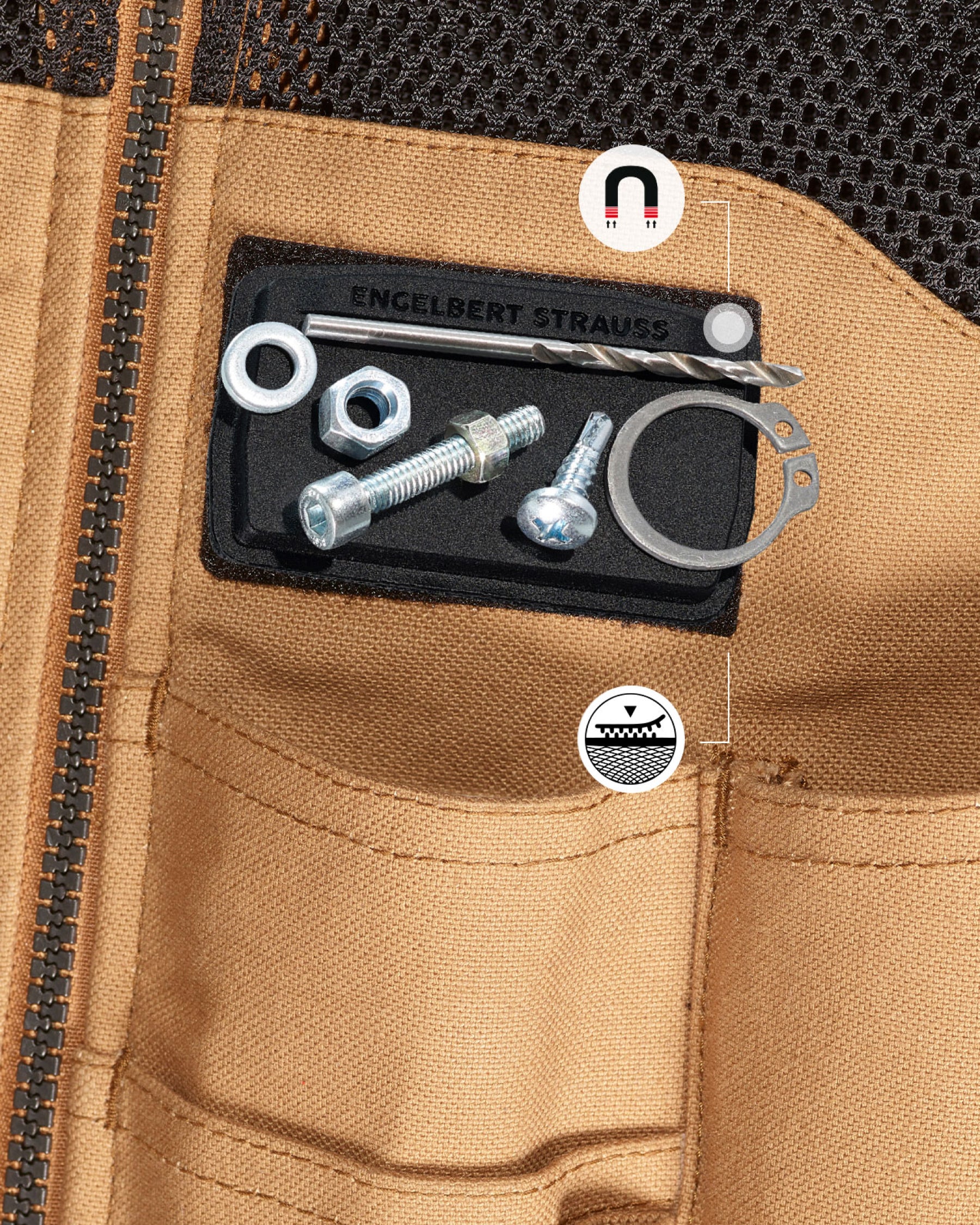 A Magnetic field adapter e.s.tool concept from STRAUSS secures metal hardware—bolts, a washer, a nut, a ring, and a small pin—to a tan tool vest featuring zippers and pockets. Icons highlight its magnetic strength and durable material.
