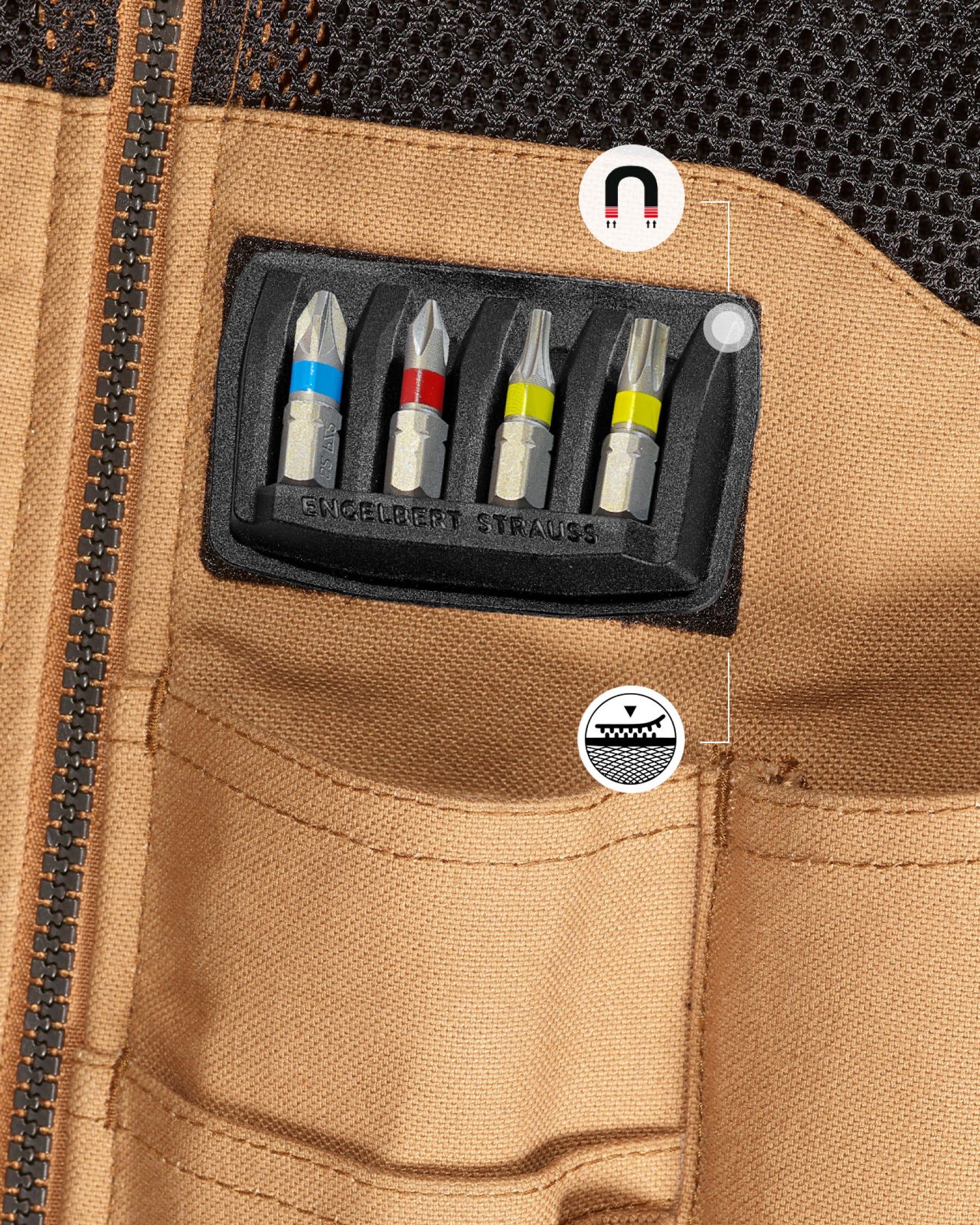 A close-up of a tan tool vest pocket holding the STRAUSS Bit holder adapter e.s.tool concept, neatly organizing four color-coded cordless screwdriver bits in a labeled bit holder, with magnet and fastening symbols highlighted.