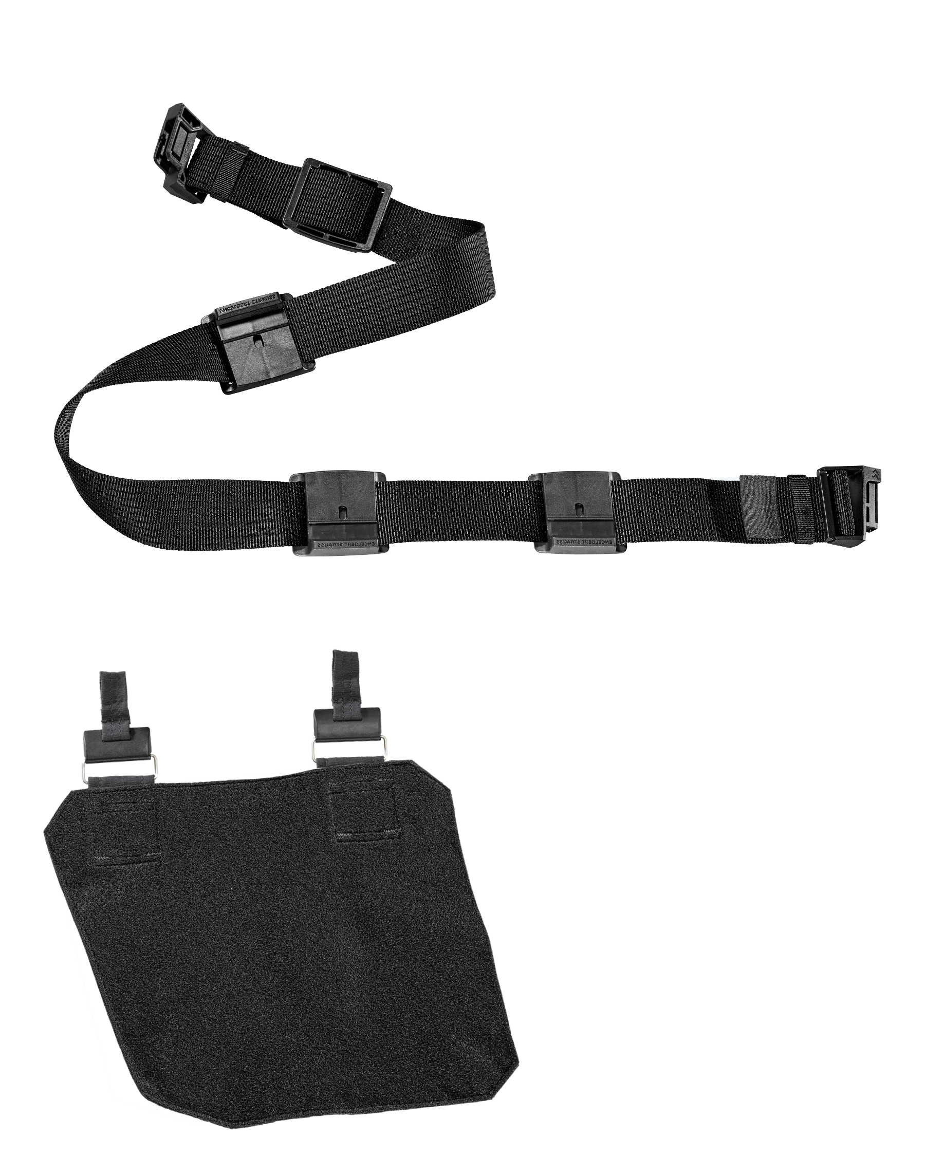 A black adjustable strap with buckles and a detachable black fabric pouch, both displayed on a white background, featuring the innovative magnetic Fidlock system for secure and convenient fastening—the STRAUSS Bag basic module e.s.tool concept, right.