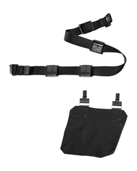 Black adjustable strap with plastic buckles and a detachable black fabric panel, both laid out flat on a white background. The STRAUSS Bag basic module e.s.tool concept, left, is designed as a versatile tool bag accessory offering customizable functionality for organized storage.