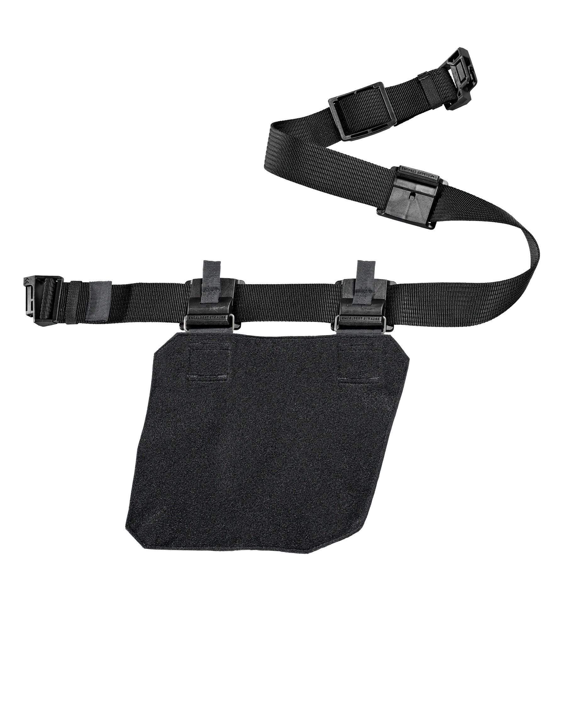 The STRAUSS Bag basic module e.s.tool concept, left, is a black utility belt accessory featuring adjustable straps, quick-release buckles, and a detachable pouch secured with three clips. Inspired by the e.s.tool concept, this tool bag accessory includes a flat, rectangular pouch for easy access and organized storage.