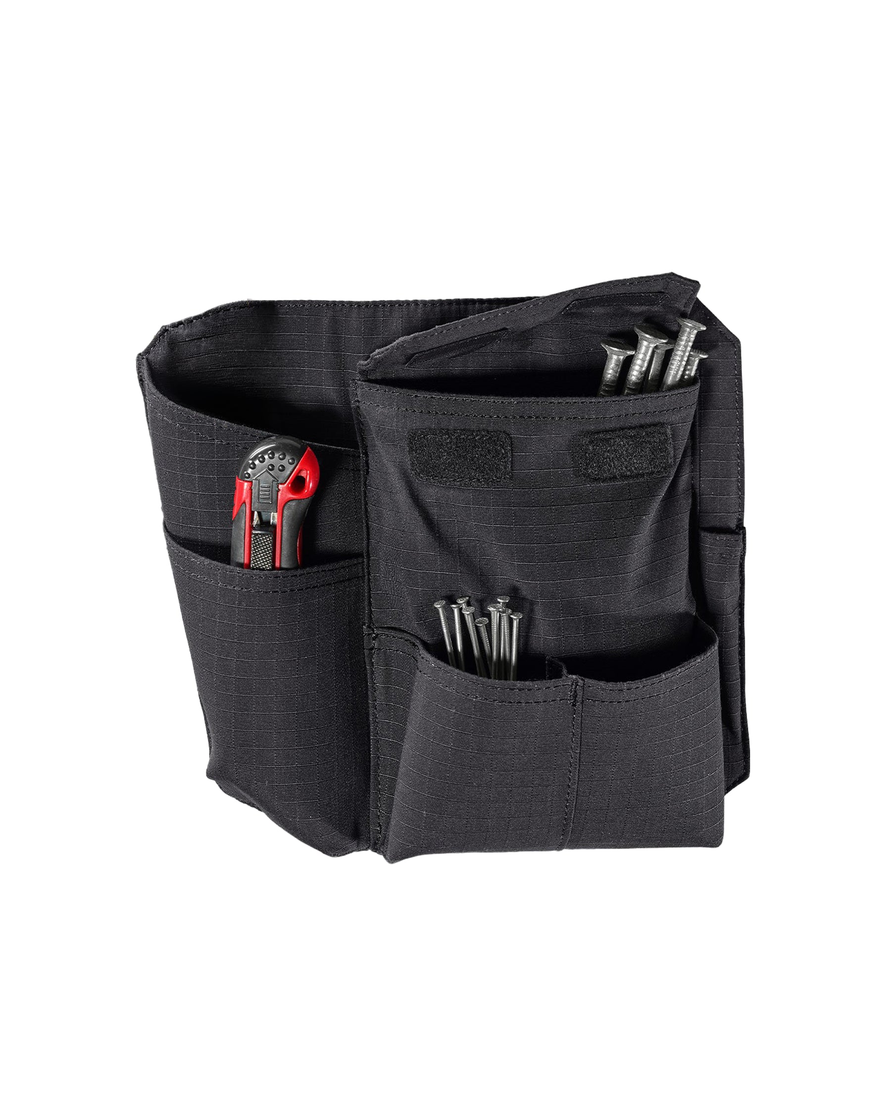 Black STRAUSS e.s.tool concept right-hand large tool bag showing pockets, clips, and modular belt attachment.
