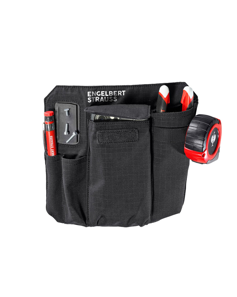 Black STRAUSS e.s.tool concept left-hand large tool bag showing pockets, clips, and modular belt attachment.