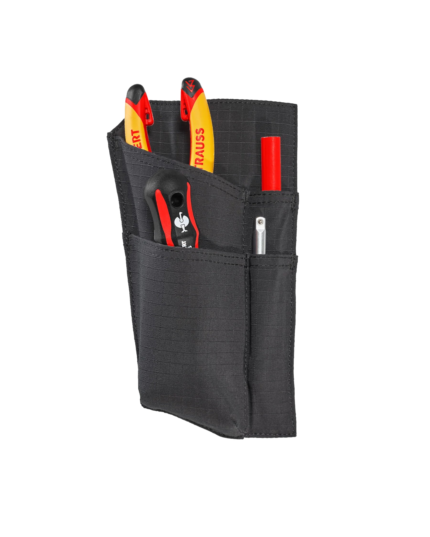 Black STRAUSS e.s.tool concept right-hand ruler and knife pocket showing pockets, clips, and modular belt attachment.