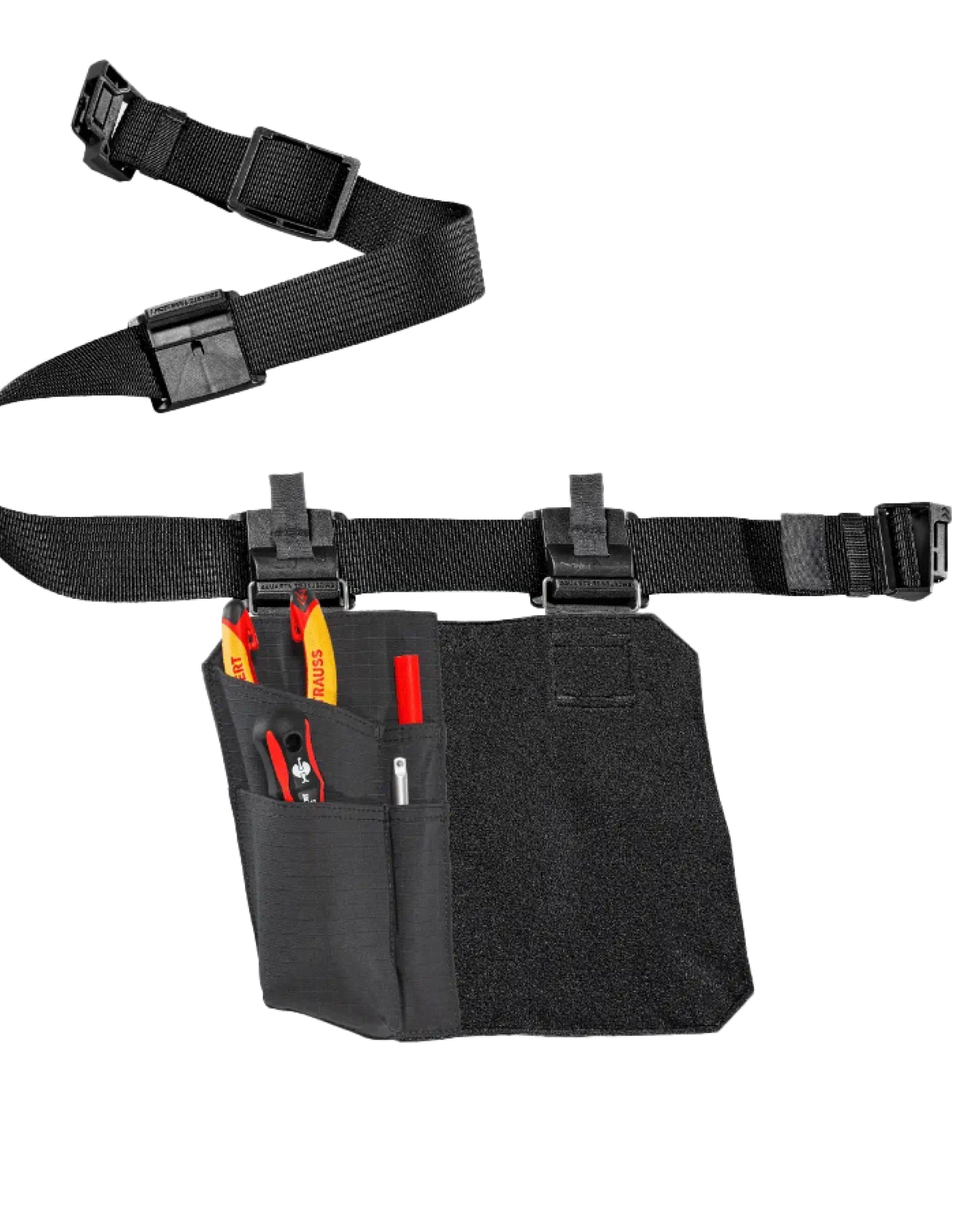 A worker wears a black STRAUSS e.s.tool concept right-hand ruler and knife pocket on a tool belt with utility work pants.