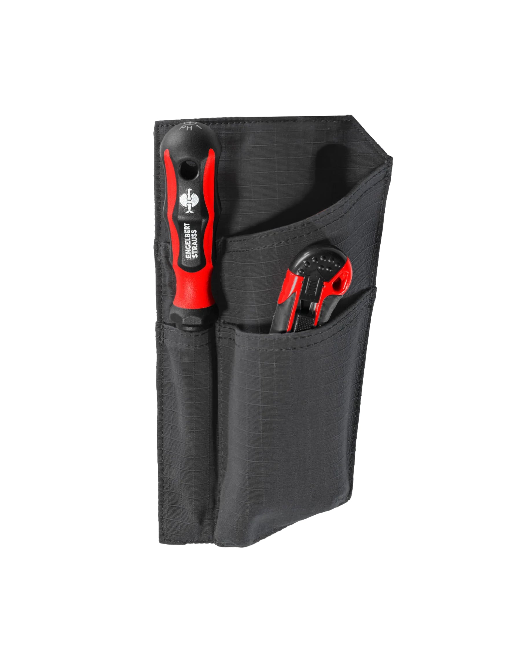 Black STRAUSS e.s.tool concept left-hand ruler and knife pocket showing pockets, clips, and modular belt attachment.