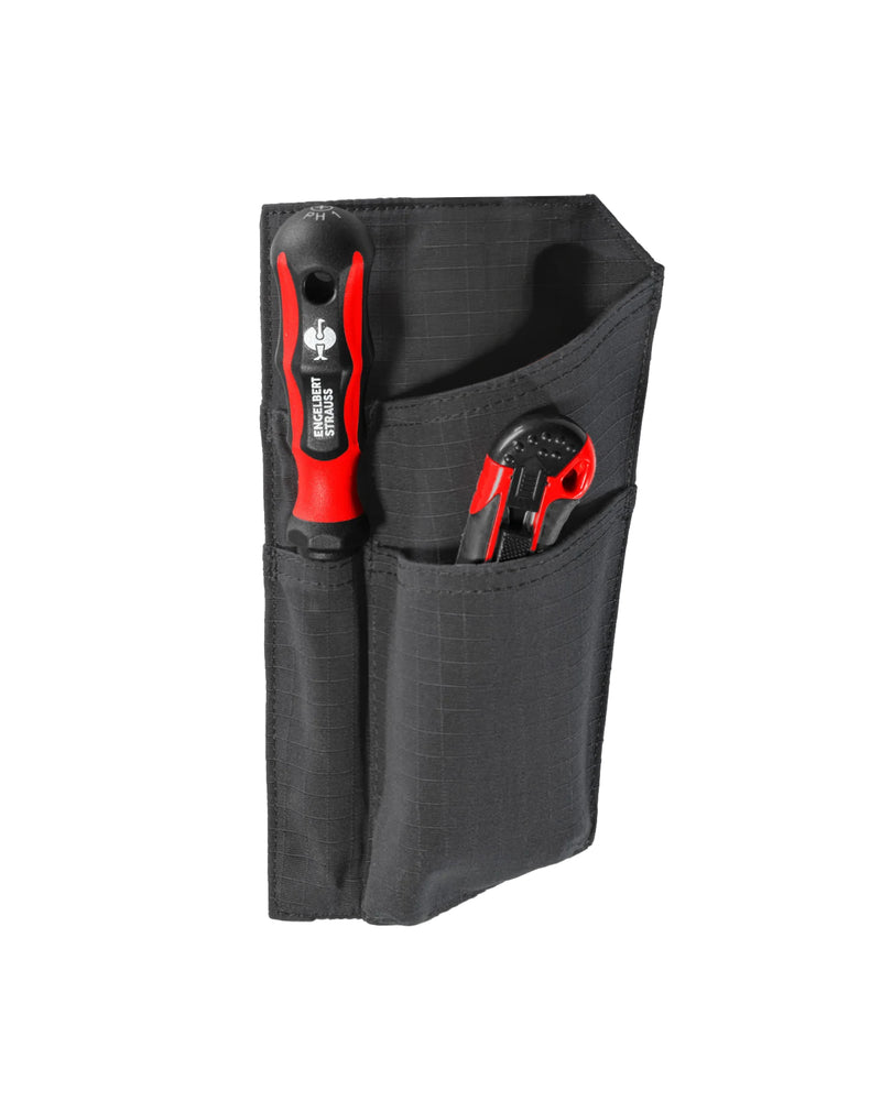 Black STRAUSS e.s.tool concept left-hand ruler and knife pocket showing pockets, clips, and modular belt attachment.