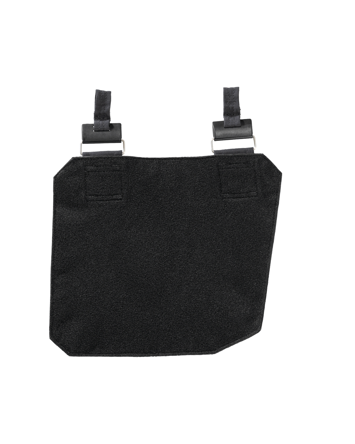 Close-up of pockets, loops, clips, and reinforced stitching on the black STRAUSS e.s.tool concept left-hand small tool pocket.