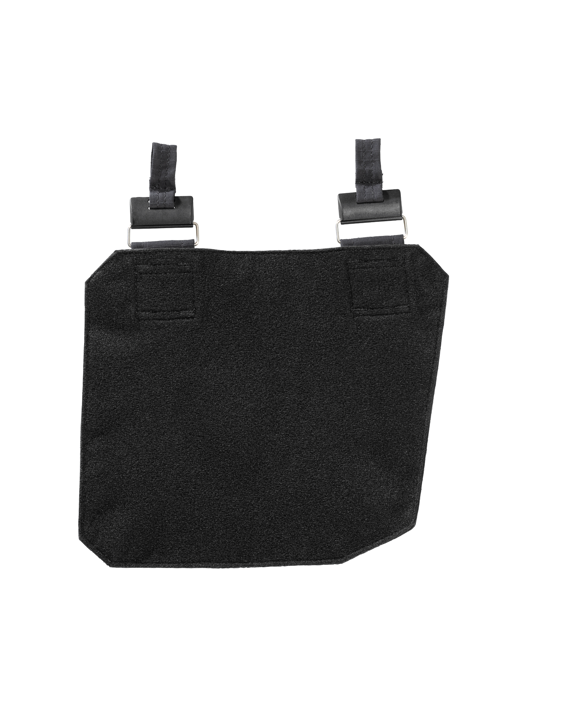 Close-up of pockets, loops, clips, and reinforced stitching on the black STRAUSS e.s.tool concept left-hand small tool pocket.