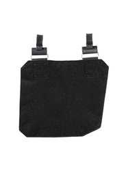 Close-up of pockets, loops, clips, and reinforced stitching on the black STRAUSS e.s.tool concept left-hand small tool pocket.