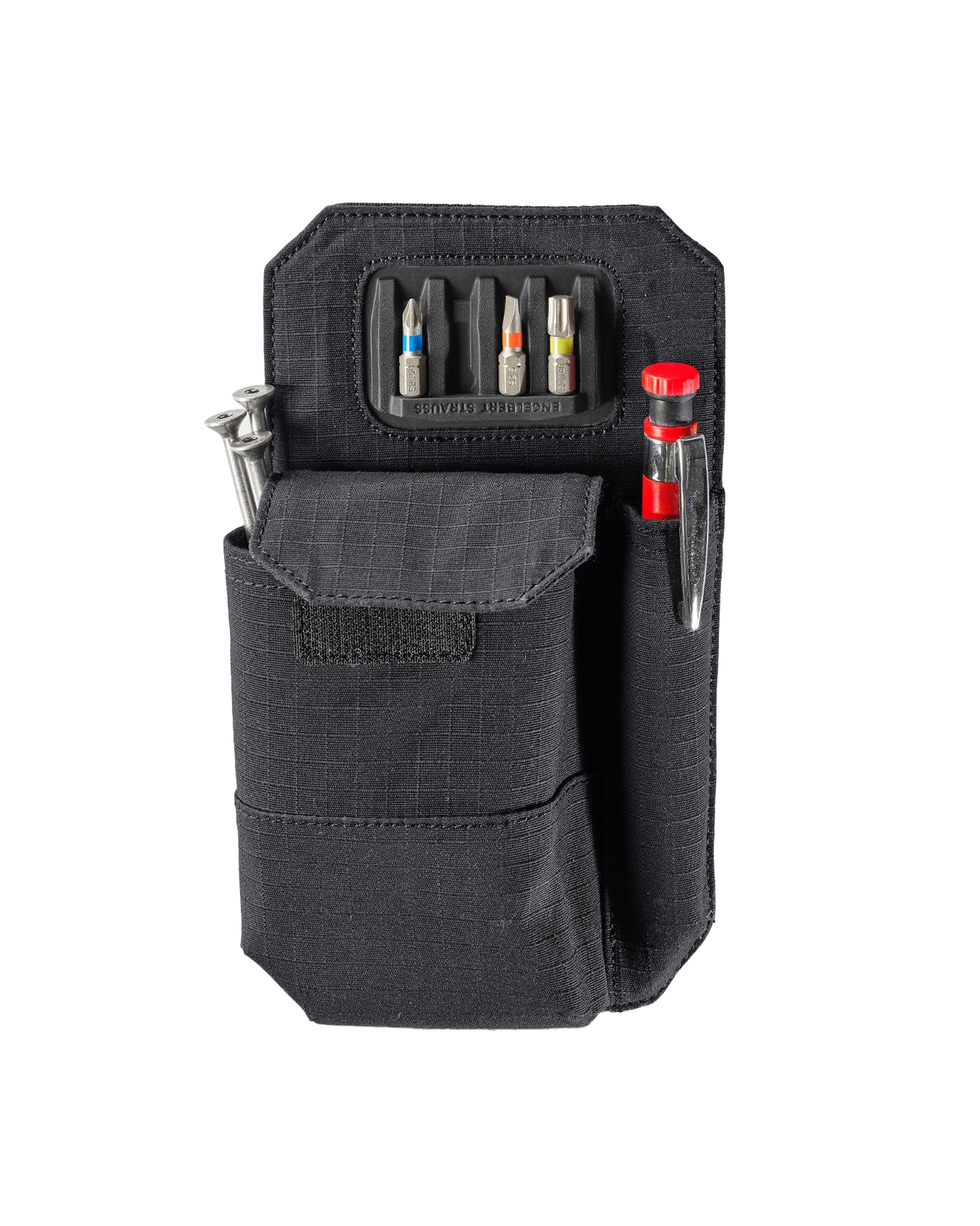 Black STRAUSS e.s.tool concept nails and screws bag showing pockets, clips, and modular belt attachment.