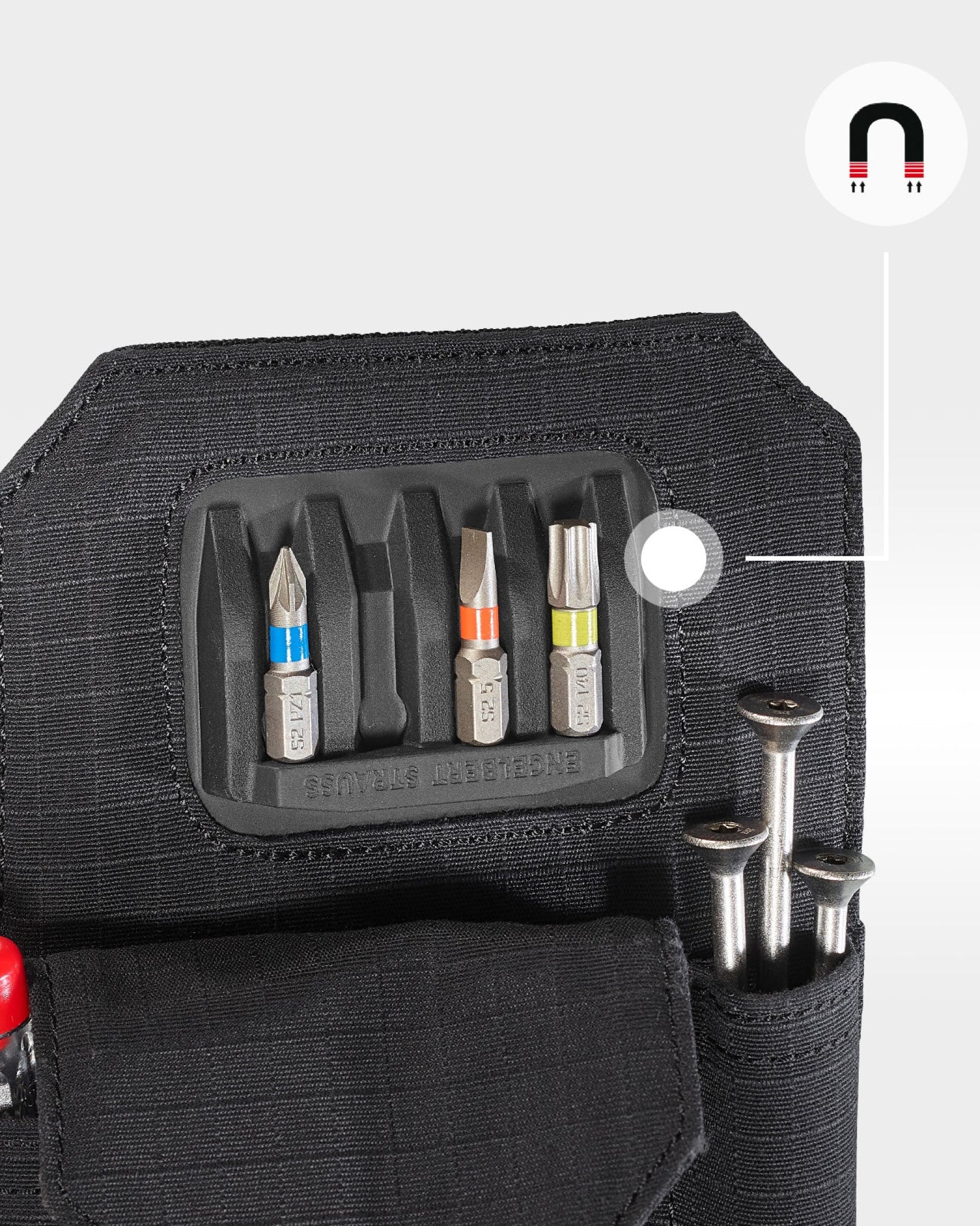 Black STRAUSS e.s.tool concept nails and screws bag on a belt.