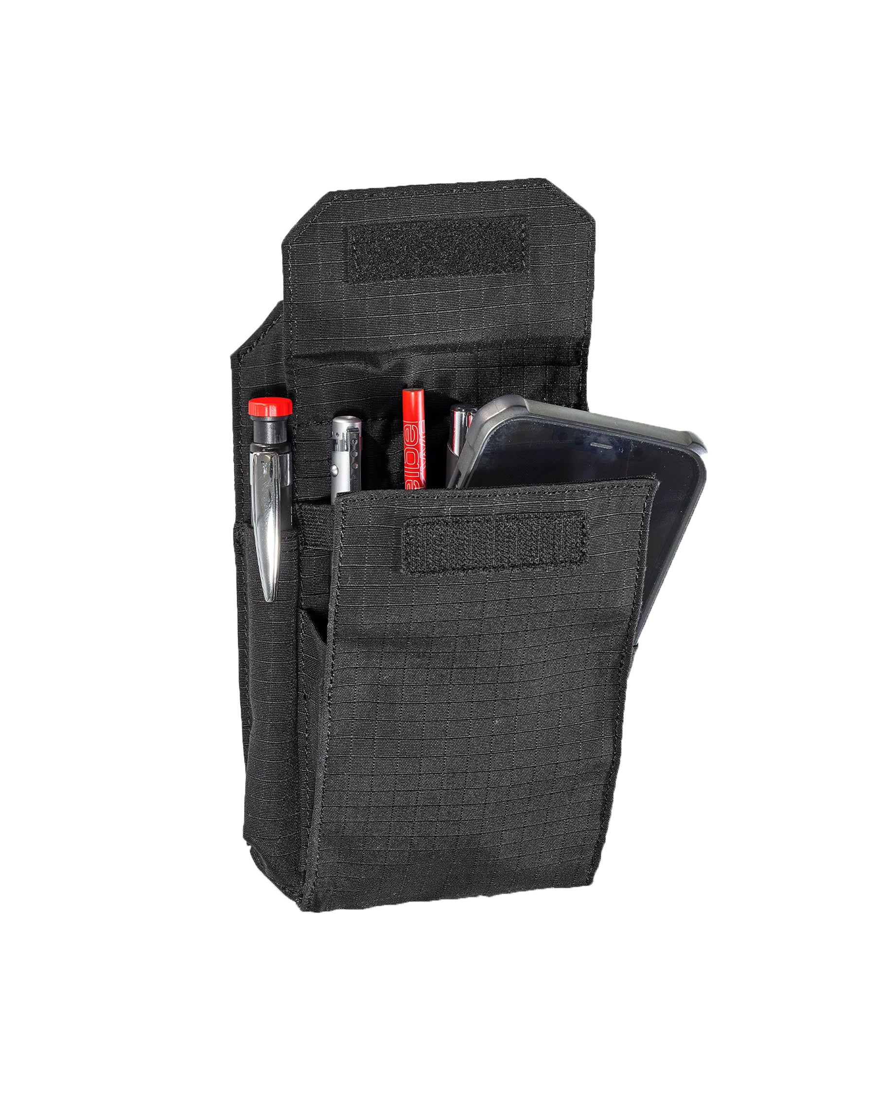 Black STRAUSS e.s.tool concept multipocket showing pockets, clips, and modular belt attachment.