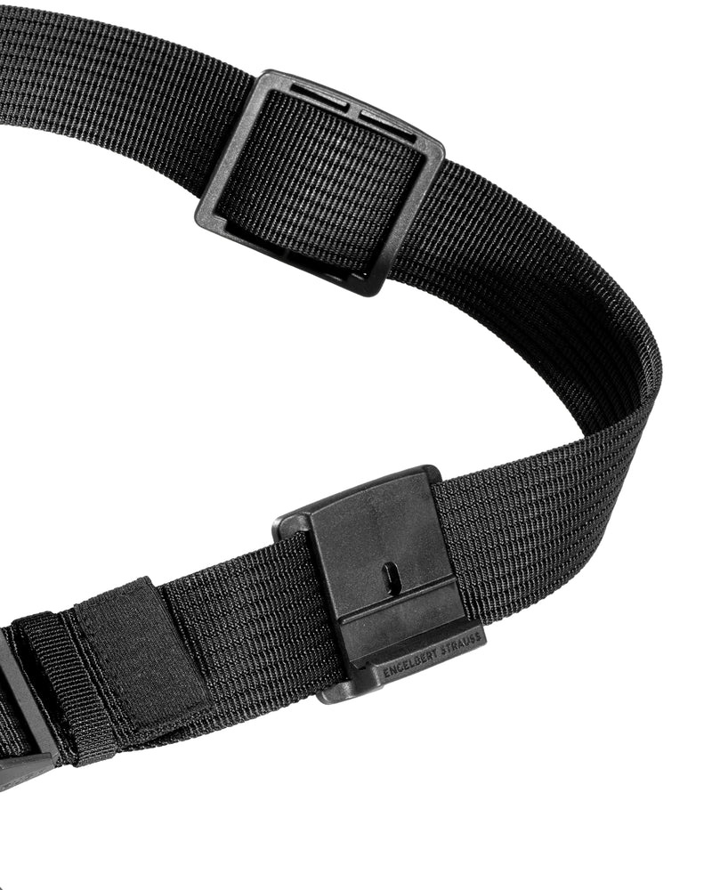 Close-up of the buckle, strap, and attachment points on the black STRAUSS e.s.tool concept spare module belt.