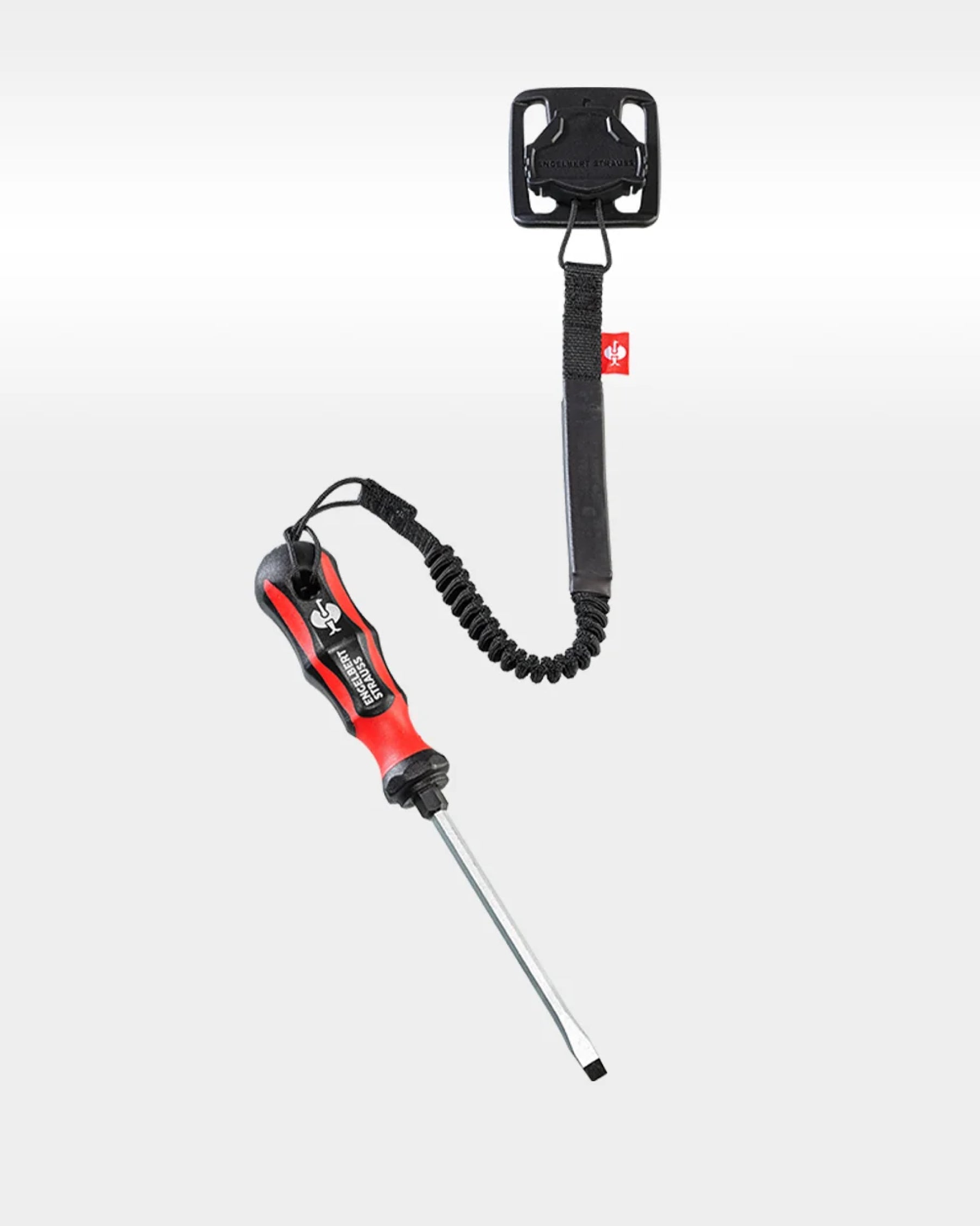 Close-up of the connector, cord, and attachment clip on the black STRAUSS e.s.tool concept tool leash.