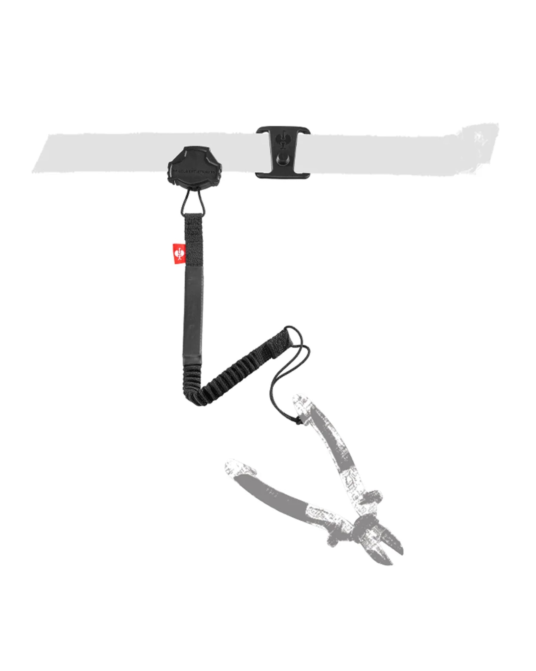 Close-up of the black STRAUSS e.s.tool concept tool leash securing a tool to a work belt.