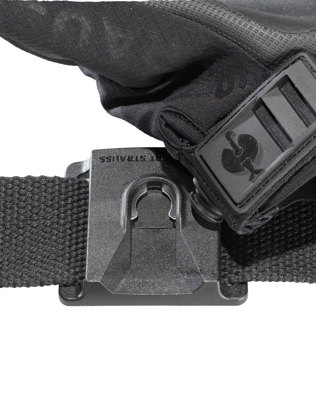Close-up of the black STRAUSS e.s.tool concept glove holder clip holding work gloves on a belt.