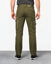 Work Pants e.s.concrete light in mud green and stipa green worn by a model, rear view