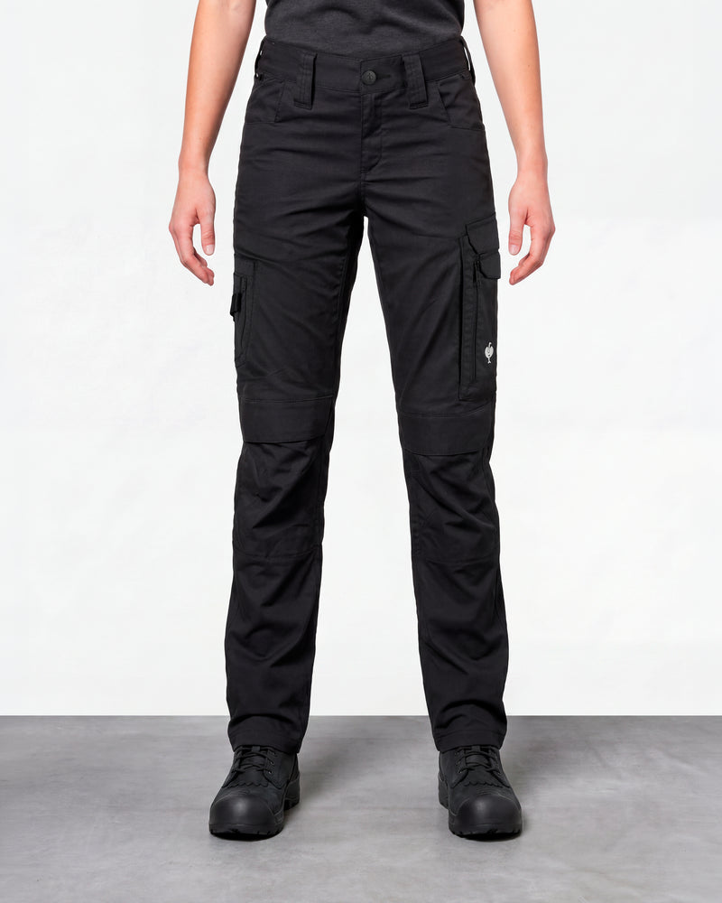 Women's Work Pants e.s.concrete light in black worn by a model, front view