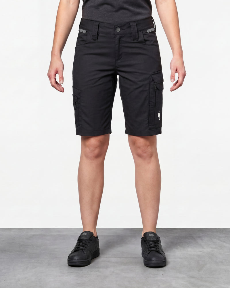 Model wearing Engelbert Strauss women's e.s. concrete light shorts in black, showing the fit, length, waistband, and front pocket layout of the lightweight women’s work shorts with a practical pocket layout.