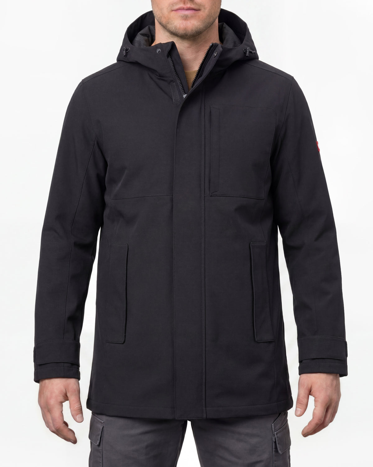 STRAUSS e.s.e:pic waterproof rain coat in black worn, front view