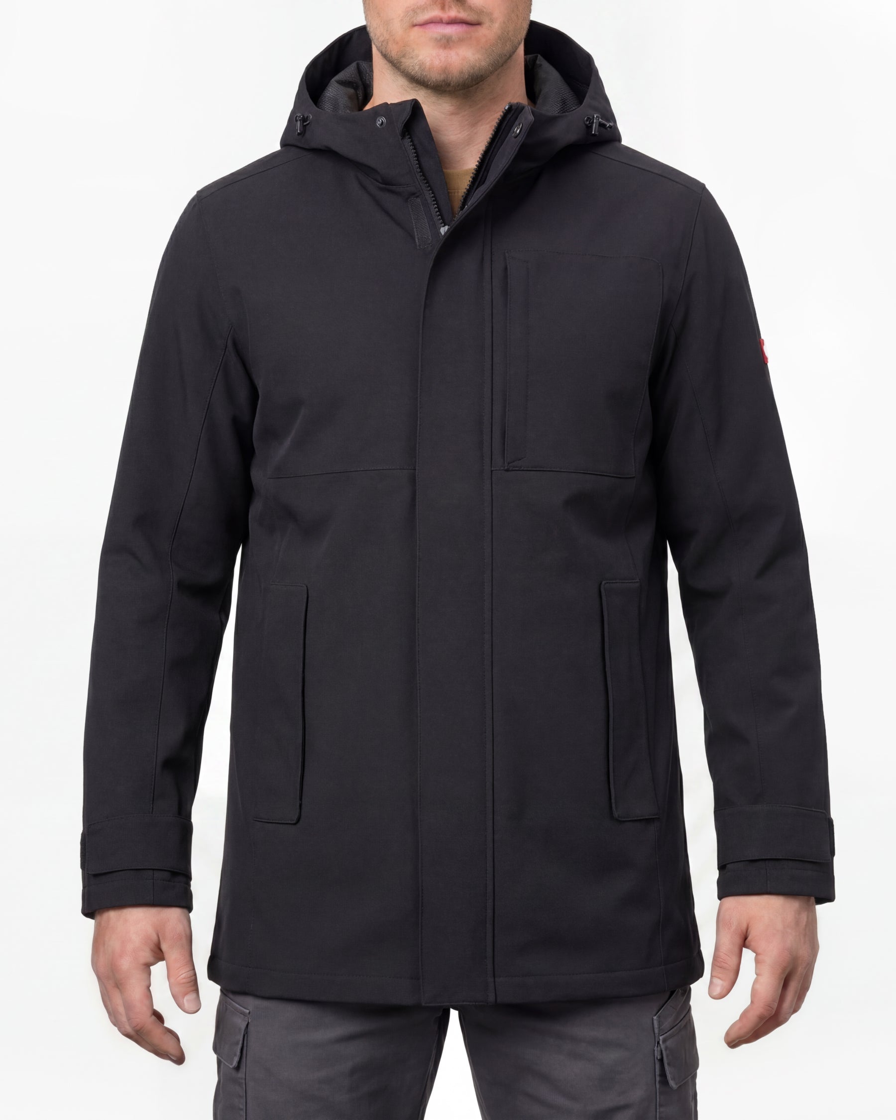 STRAUSS e.s.e:pic waterproof rain coat in black worn, front view