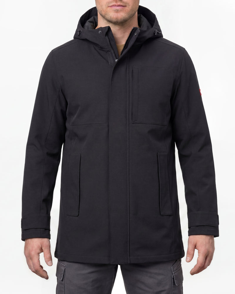 STRAUSS e.s.e:pic waterproof rain coat in black worn, front view
