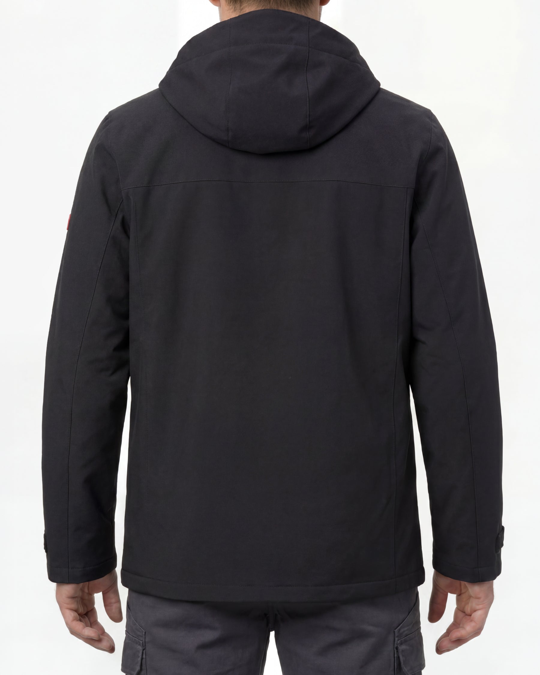 STRAUSS e.s.e:pic waterproof rain coat in black worn, back view