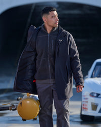 STRAUSS e.s.e:pic waterproof rain coat in black paired with workwear