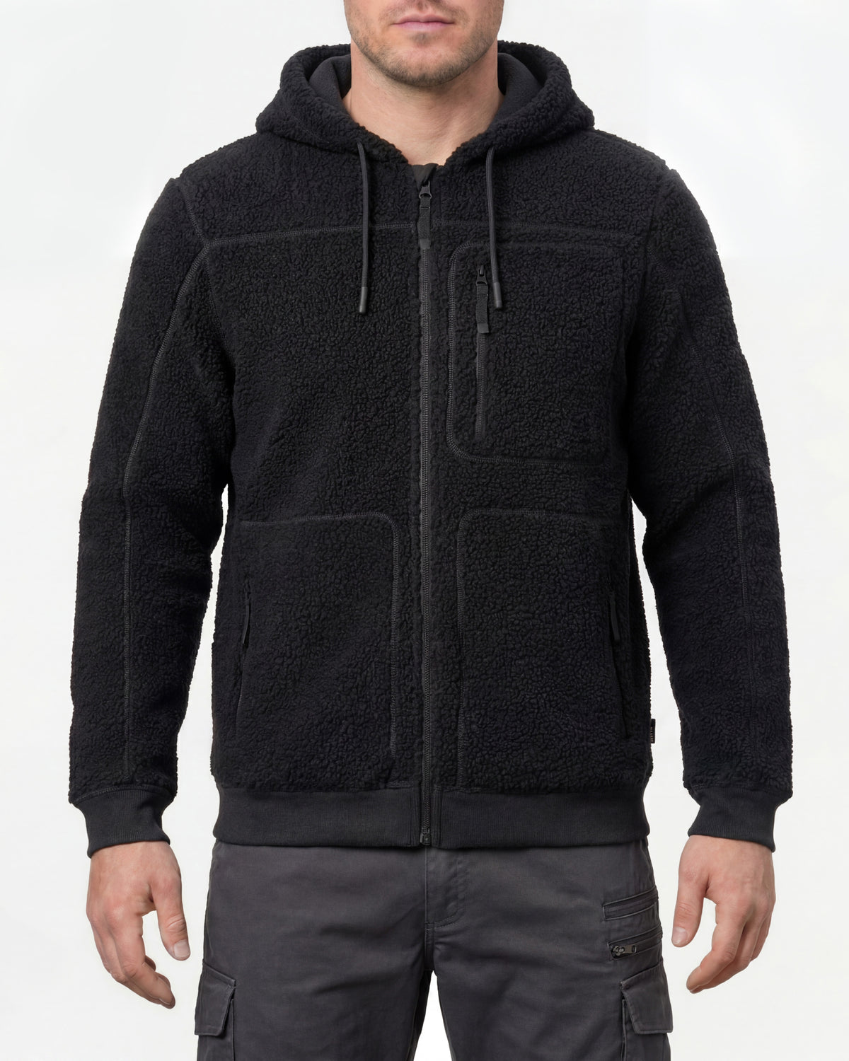 STRAUSS e.s.e:pic hooded sherpa fleece jacket in black worn, front view