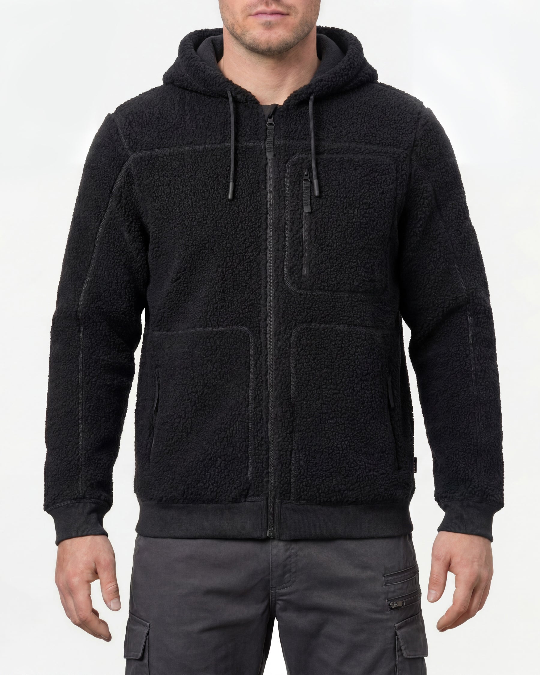 STRAUSS e.s.e:pic hooded sherpa fleece jacket in black worn, front view