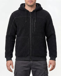 STRAUSS e.s.e:pic hooded sherpa fleece jacket in black worn, front view