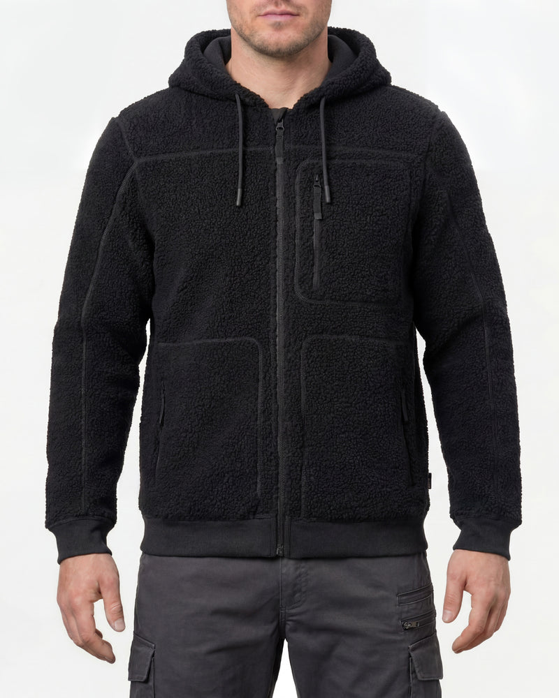 STRAUSS e.s.e:pic hooded sherpa fleece jacket in black worn, front view