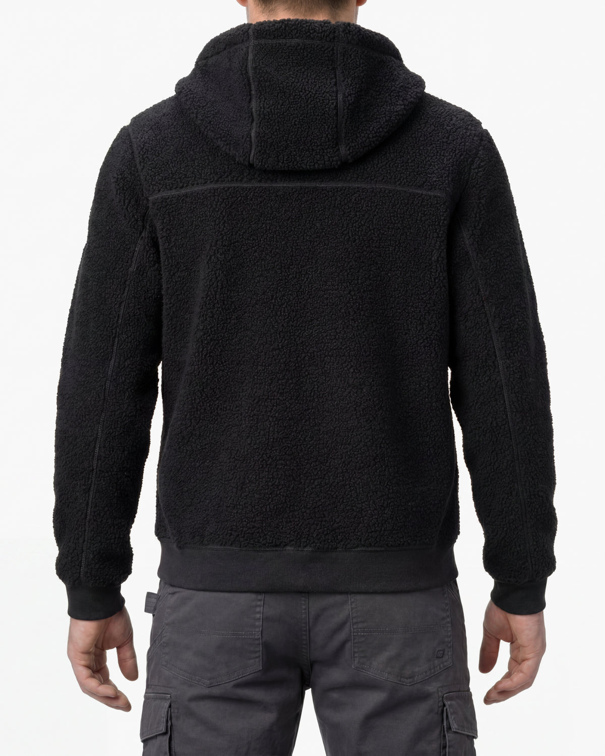 STRAUSS e.s.e:pic hooded sherpa fleece jacket in black worn, back view