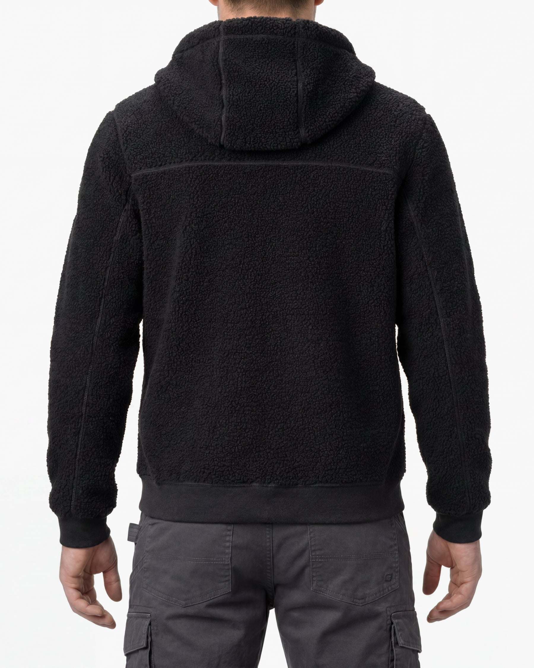 STRAUSS e.s.e:pic hooded sherpa fleece jacket in black worn, back view
