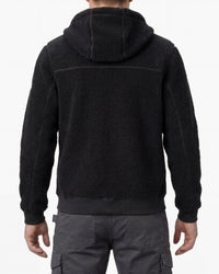 STRAUSS e.s.e:pic hooded sherpa fleece jacket in black worn, back view