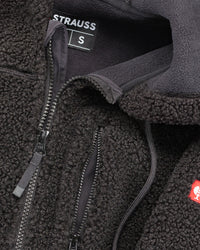 Close-up of sherpa fleece texture and hood details on STRAUSS e.s.e:pic hooded sherpa fleece jacket in black