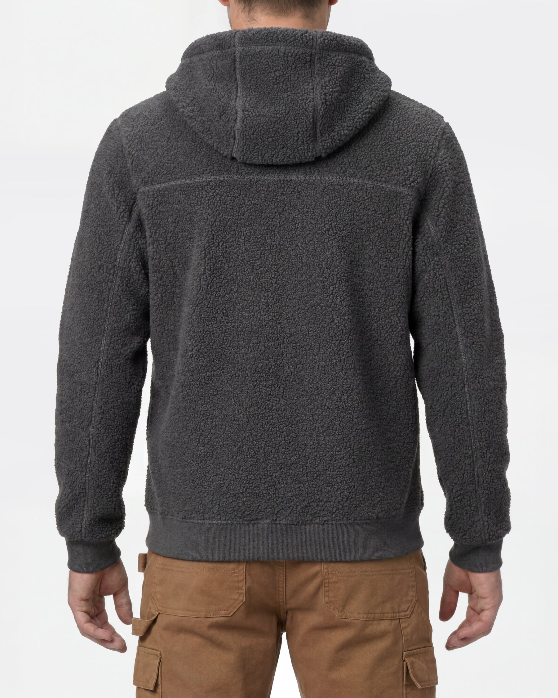 STRAUSS e.s.e:pic hooded sherpa fleece jacket in carbon gray worn, back view