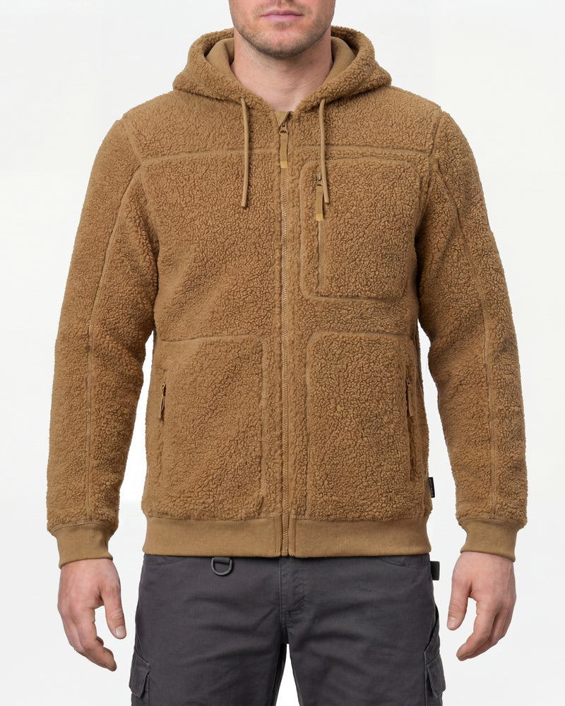 STRAUSS e.s.e:pic hooded sherpa fleece jacket in almond brown worn, front view