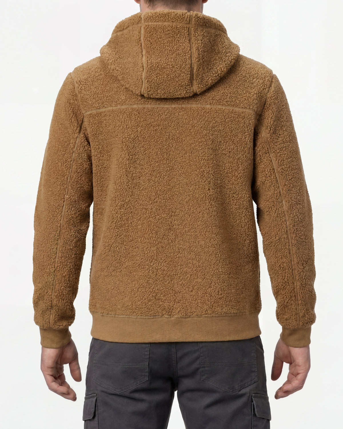 STRAUSS e.s.e:pic hooded sherpa fleece jacket in almond brown worn, back view