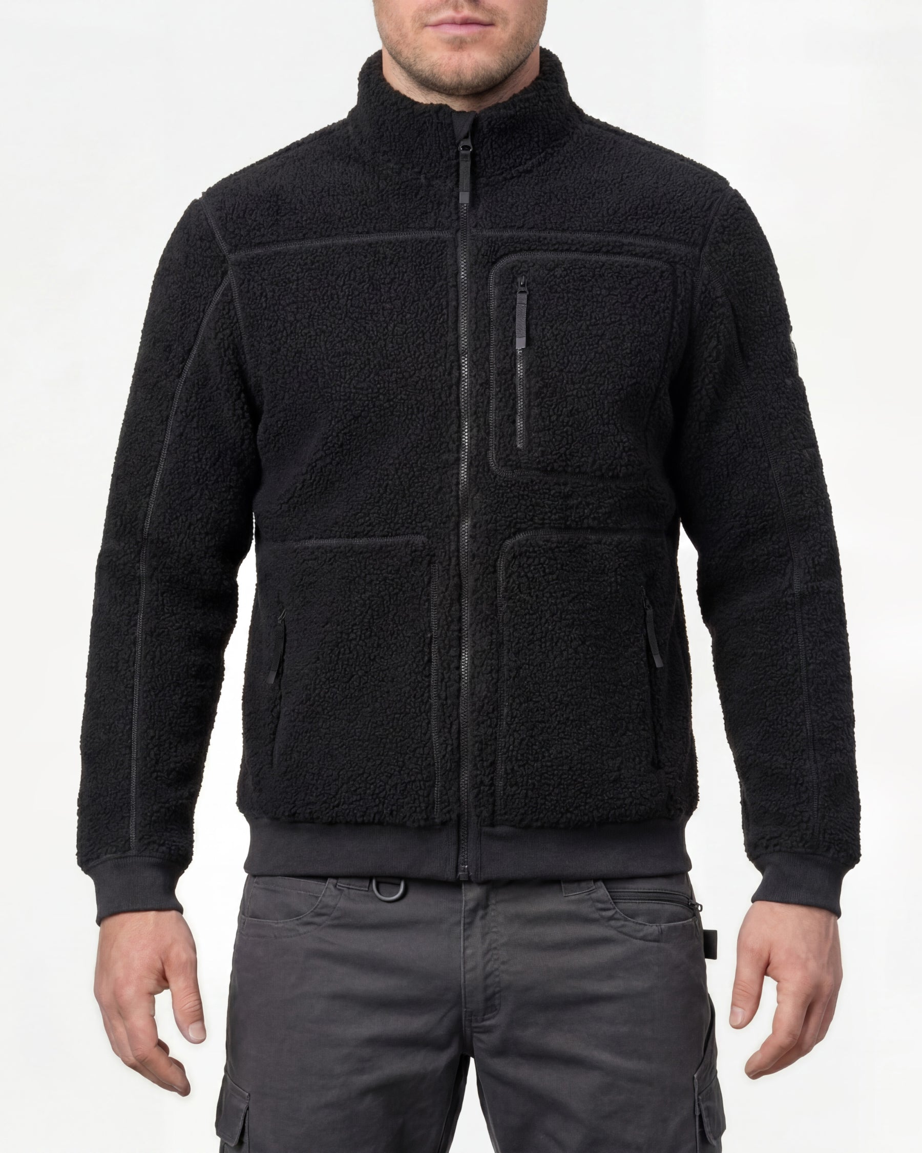 STRAUSS e.s.e:pic sherpa fleece jacket in black worn, front view