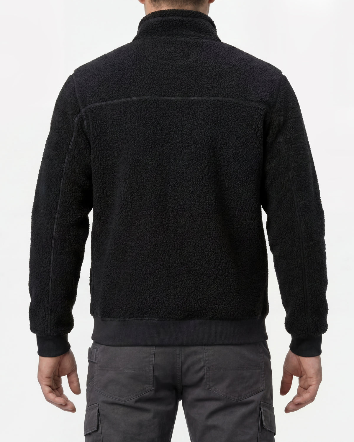 STRAUSS e.s.e:pic sherpa fleece jacket in black worn, back view