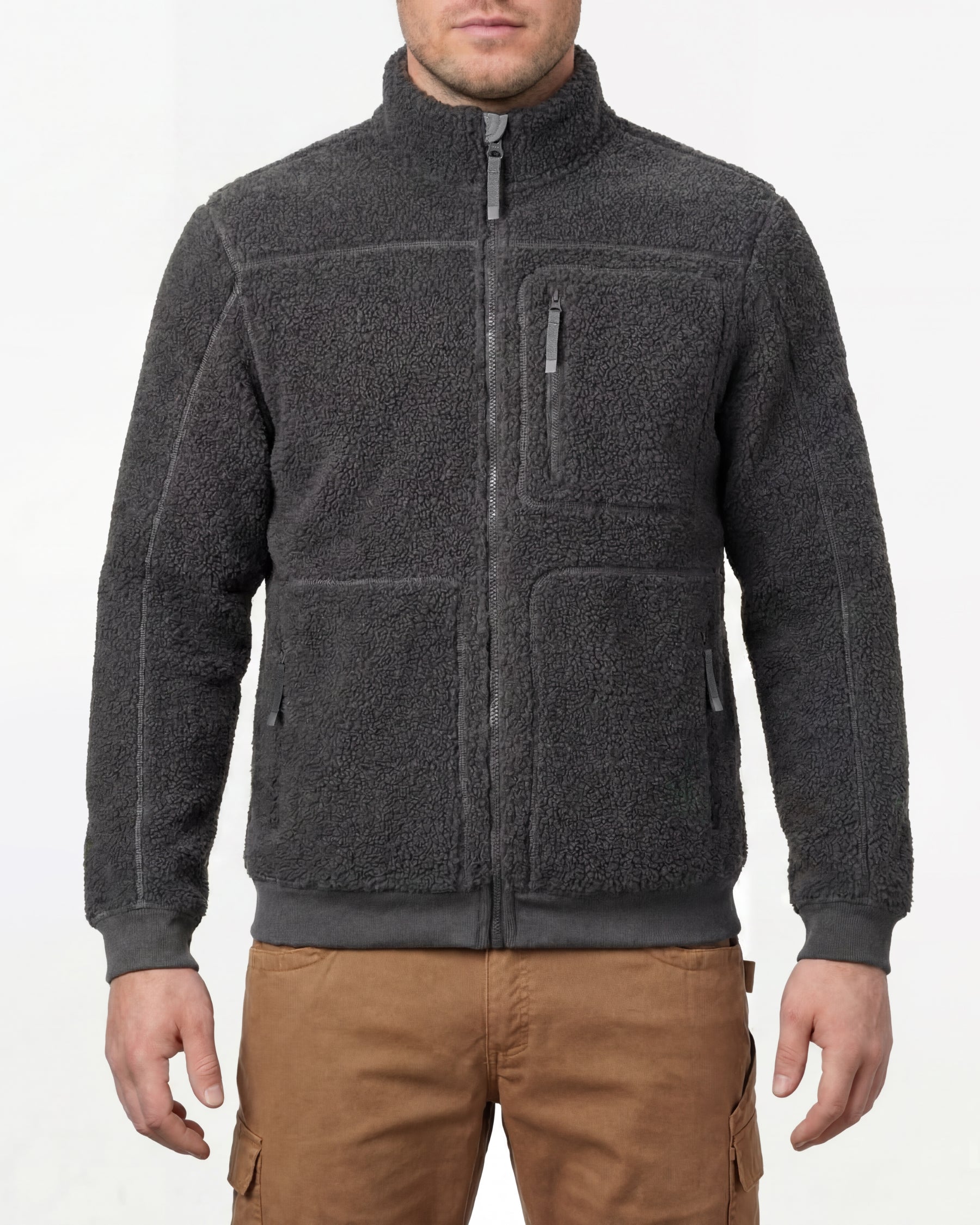 STRAUSS e.s.e:pic sherpa fleece jacket in carbon gray worn, front view