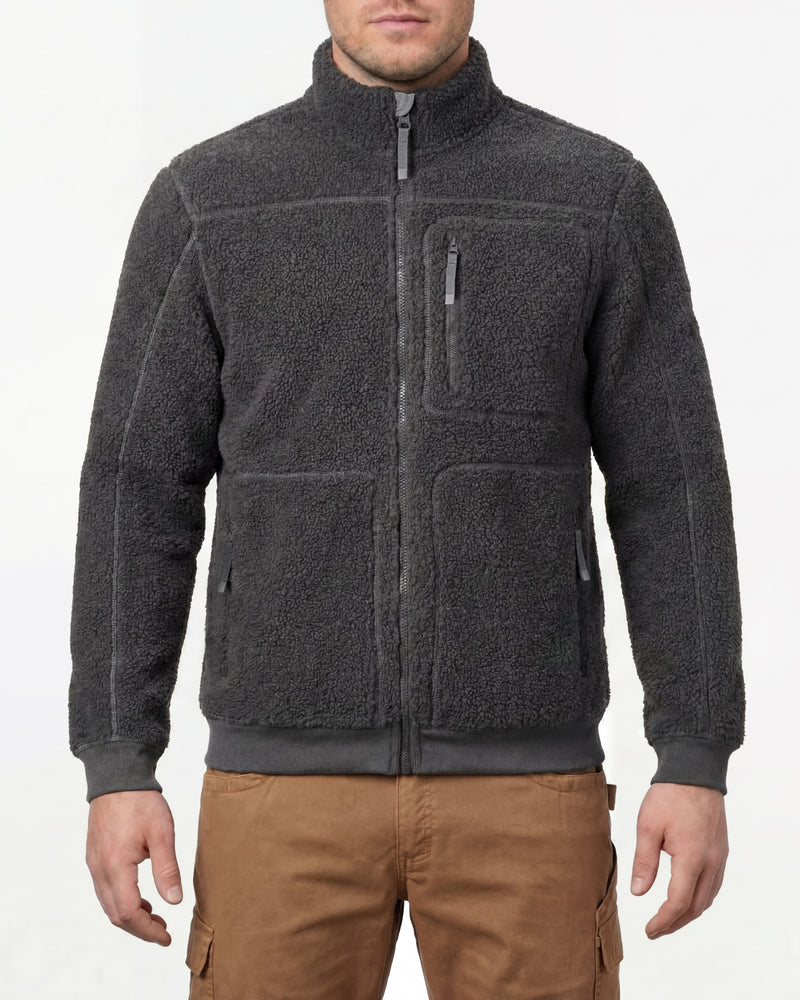 STRAUSS e.s.e:pic sherpa fleece jacket in carbon gray worn, front view